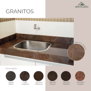 Bancada de pia em granito Marrom Tabaco, com opções Cacau Bahia, Café Imperial, Marrom Absoluto, Marrom Brown, Marrom Madeira e Vermelho Brasília – Mineração Monte Alto