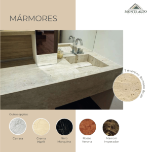 Bancada de banheiro em mármore Travertino Romano Bruto, com opções Carrara, Crema Marfil, Nero Marquina, Rosso Verona e Marrom Imperador – Mineração Monte Alto
