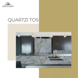 Bancada e revestimento em quartzito Blue Roma com veios dourados – Mineração Monte Alto
