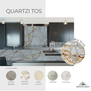 Bancada de cozinha em quartzito Blue Roma, com opções Aurora Borealis, Macchia Vecchia, Perla Santana, Nimbus e Provance – Mineração Monte Alto