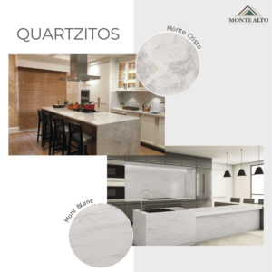 Bancadas de cozinha em quartzito Monte Cristo e Mont Blanc – Mineração Monte Alto