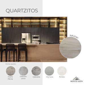 Bancada de cozinha em quartzito Kalahari, com opções Madre Pérola, Calacata Lotus, Calacatta, Olympus e Perlato – Mineração Monte Alto