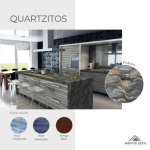 Bancada de cozinha em quartzito Fusion, com opções em Azul Imperiale, Azul Macaúba e Xango Red – Mineração Monte Alto