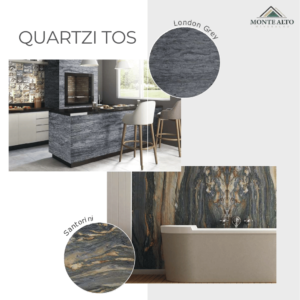 Bancada em quartzito London Grey e revestimento em quartzito Santorini – Mineração Monte Alto