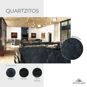 Bancada em quartzito Wakanda em ambiente integrado com sala de jantar – Mineração Monte Alto