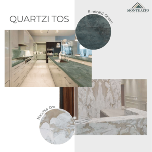 Bancada de cozinha em quartzito Emerald Green e revestimento em quartzito Macchia Oro – Mineração Monte Alto