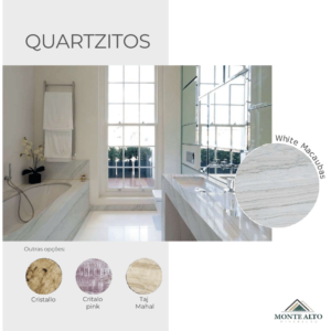 Bancada de banheiro em quartzito White Macaubas com acabamento sofisticado – Mineração Monte Alto