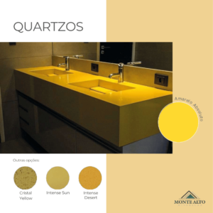 Bancada de banheiro em quartz Amarelo Absoluto com cuba dupla – Mineração Monte Alto