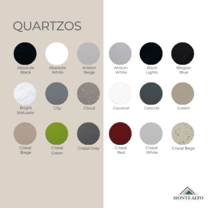 Paleta de quartzos Absolute, Ariston, Cristal e Bright Statuario – Mineração Monte Alto