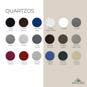 Paleta de quartzos Cristal e Intense: Cristal Black, Cristal Brown, Cristal Dark Blue, Cristal Maple White, Intense Brown, Intense Blue e outras opções – Mineração Monte Alto