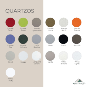 Paleta de quartzos coloridos e neutros: Intense Ferrari, Intense Green, Intense Vulcano, Intense Orange, Naron, White Brilliant e outras opções – Mineração Monte Alto