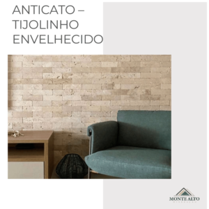 Revestimento Anticato Tijolinho Envelhecido aplicado em parede de sala – Mineração Monte Alto