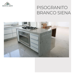 Piso granito Branco Siena em cozinha planejada – Mineração Monte Alto