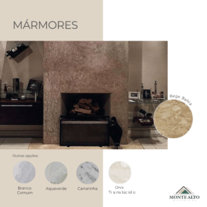 Revestimento de lareira em mármore Bege Bahia, com opções Branco Comum, Aquaverde, Carrarinha e Ônix Translúcido – Mineração Monte Alto