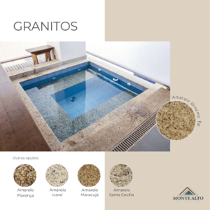 Granito Amarelo Ornamental aplicado em área externa com piscina, com opções Amarelo Florença, Amarelo Icaraí, Amarelo Maracujá e Amarelo Santa Cecília – Mineração Monte Alto