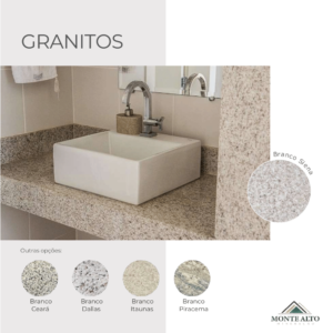 Bancada de banheiro em granito Branco Siena, com opções Branco Ceará, Branco Dallas, Branco Itaúnas e Branco Piracema – Mineração Monte Alto