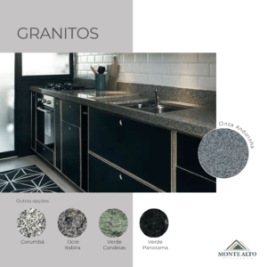 Bancada de cozinha em granito Cinza Andorinha, com opções Corumbá, Ocre Itabira, Verde Candeias e Verde Panorama – Mineração Monte Alto