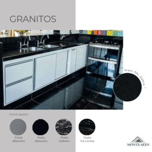 Bancada de cozinha em granito Preto São Gabriel, com opções Cinza Absoluto, Preto Absoluto, Preto Indiano e Preto Via Láctea – Mineração Monte Alto
